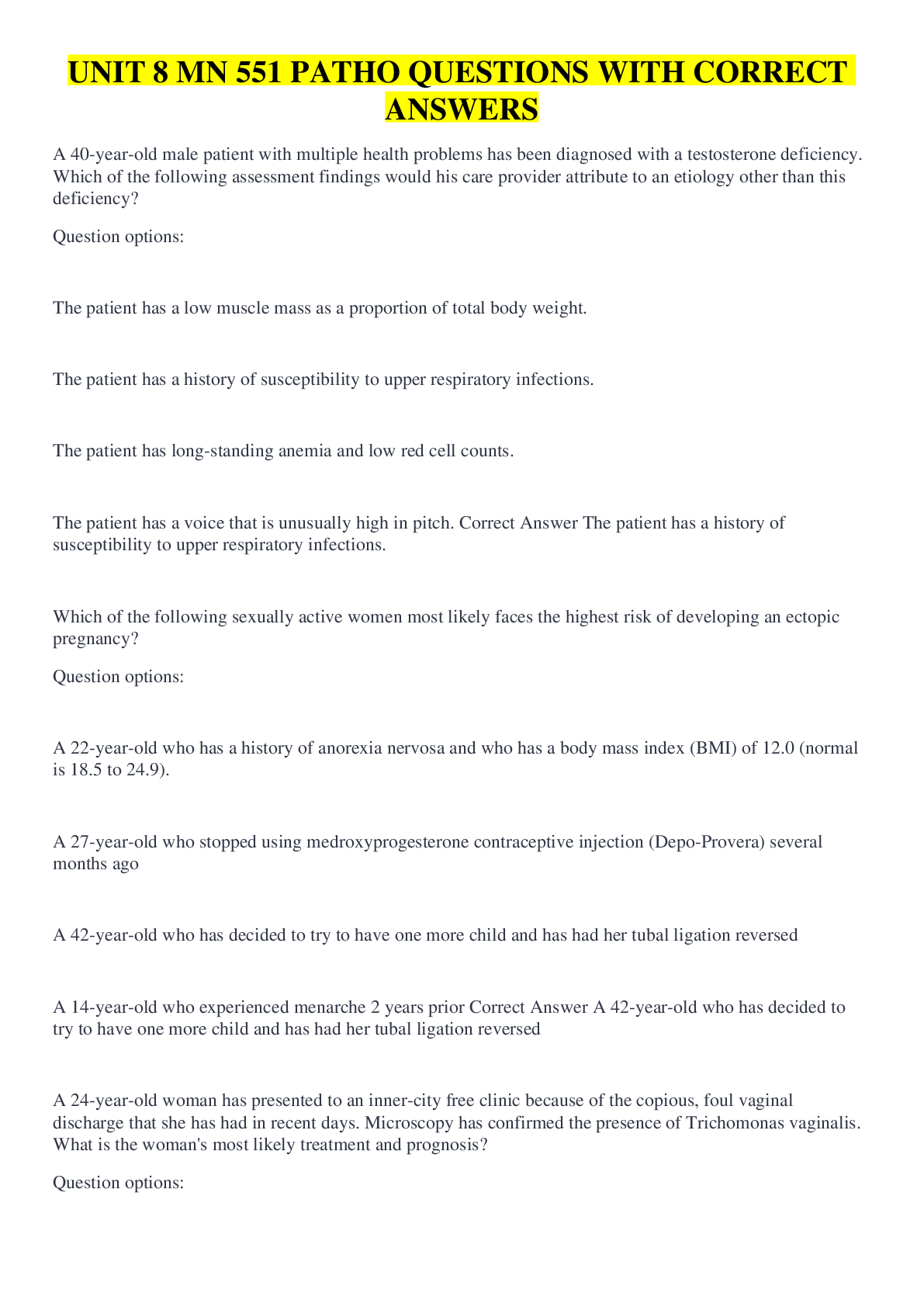 Preview image for UNIT 8 MN 551 PATHO QUESTIONS WITH CORRECT ANSWERS